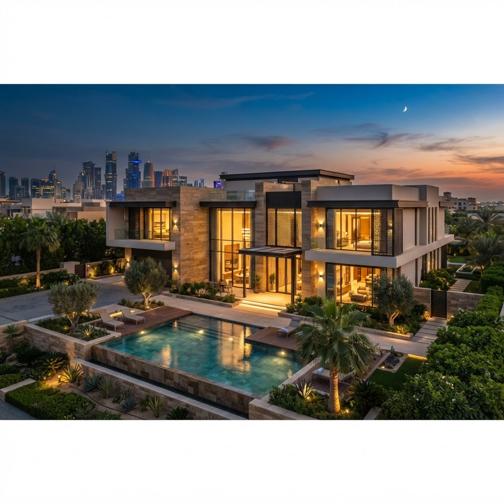 Flagship Al Hadara Group villa project in Qatar at dusk